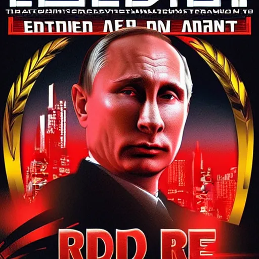 Image similar to vladimir putin in'red alert 3 poster art'' red alert 3 cover art'' red alert box art'