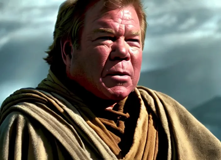 Prompt: william shatner as luke skywalker, bearded and wearing a robe, in star wars : the force awakens ( 2 0 1 5 ). movie still