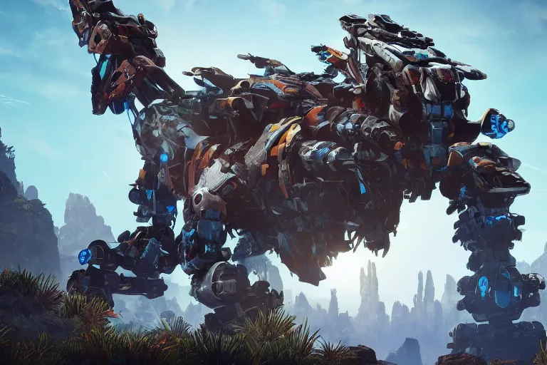 Image similar to scrapper machine mecha animal beast robot of horizon forbidden west horizon zero dawn bioluminiscence global illumination ray tracing hdr fanart arstation by sung choi and eric pfeiffer and gabriel garza and casper konefal