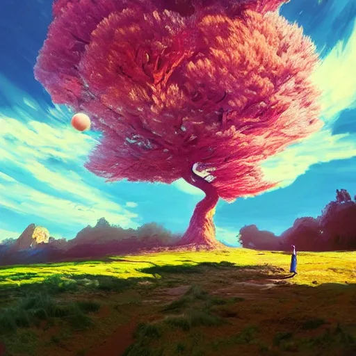 Image similar to giant cherry tree as a head, girl walking in a canyon, surreal photography, sunrise, dramatic light, impressionist painting, colorful clouds, digital painting, artstation, simon stalenhag