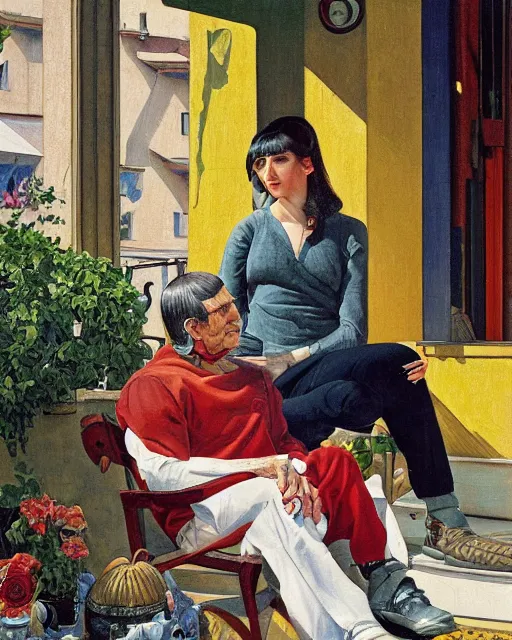 Prompt: a painting of leonard nimoy and janice rand sitting on a porch, a fine art painting by andre charles bieler and by ernest bieler and by jacob philipp hackert, shutterstock contest winner, german romanticism, wimmelbilder, detailed painting, academic art