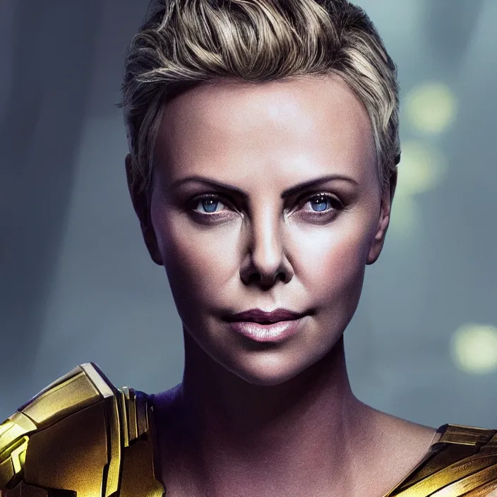 Prompt: portrait of ((Charlize Theron)), wearing The Infinity Gauntlet. SNAP. intricate artwork. octane render, trending on artstation, very coherent symmetrical artwork. thanos. thanos. cinematic, hyper realism, high detail, octane render, 8k, iridescent accents