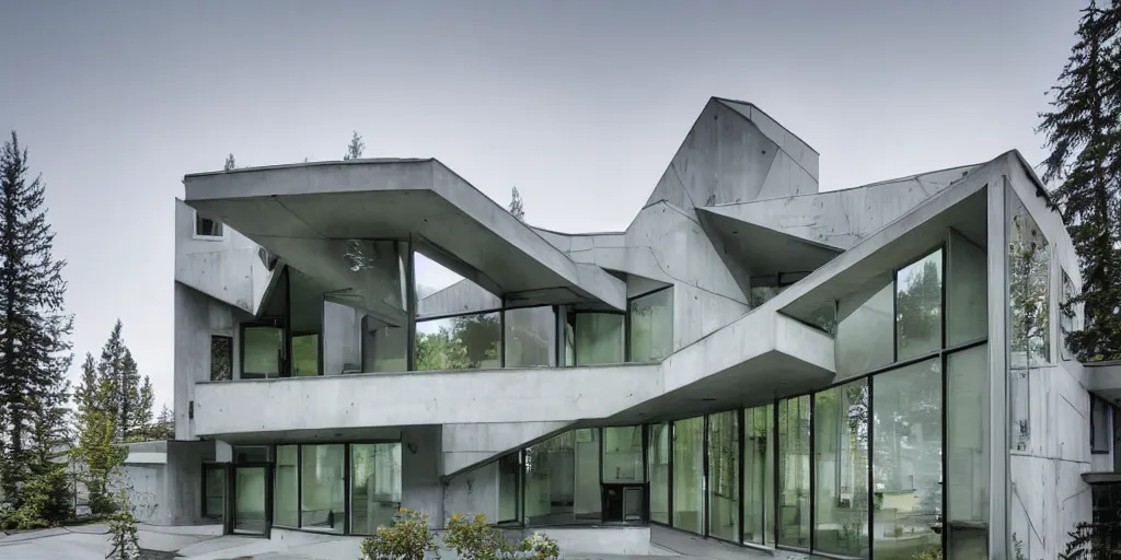 Image similar to futuristic Washington state residence, white concrete, green metal, large windows, intricate, right angles, triangular elements