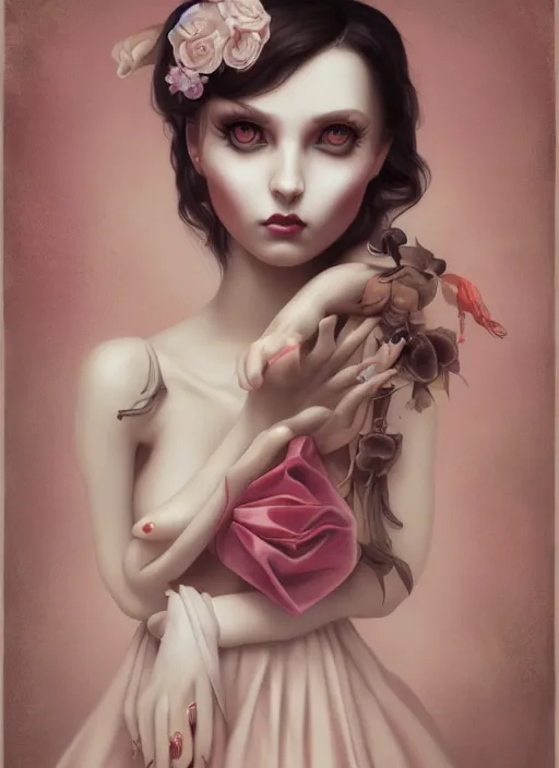Prompt: pop surrealism, lowbrow art, realistic cute seductive feminine girl painting, romantic gown, hyper realism, muted colours, rococo, natalie shau, loreta lux, tom bagshaw, mark ryden, trevor brown style,