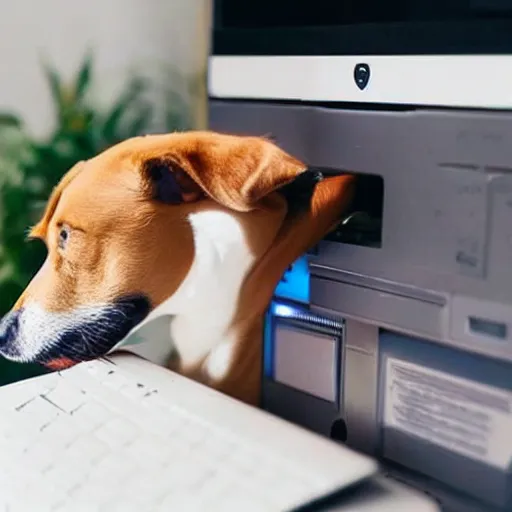 Prompt: a dog fixing a computer