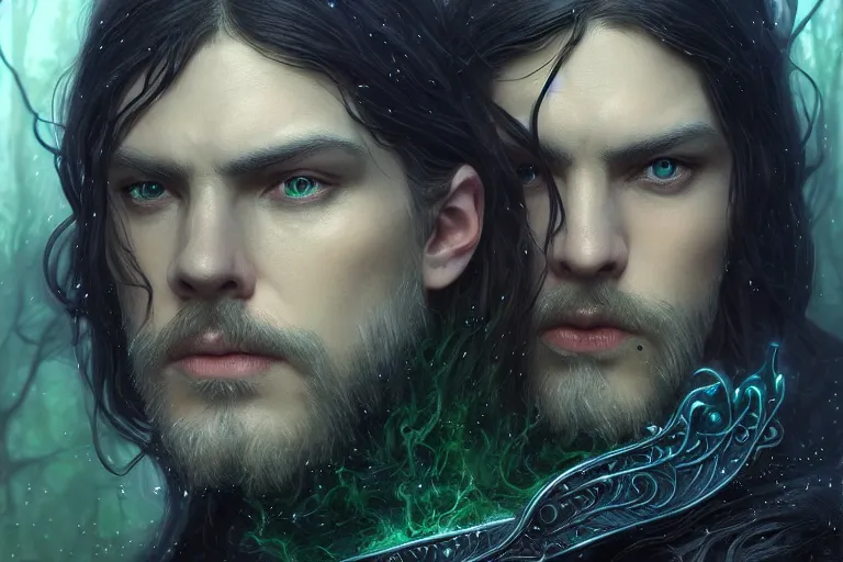 Prompt: ultrarealistic male mage face portrait running, long black hair blue eyes wearing bronze mantle gothic navy cloak with leather details, green plants, fantasy character portrait, octane render, extreme intricate details, elegant, cinematic lighting, volumetric lighting, artstation, dnd art, cgsociety, sharp focus, beautiful digital painting by artgerm, gerald brom, wlop, alphonse mucha