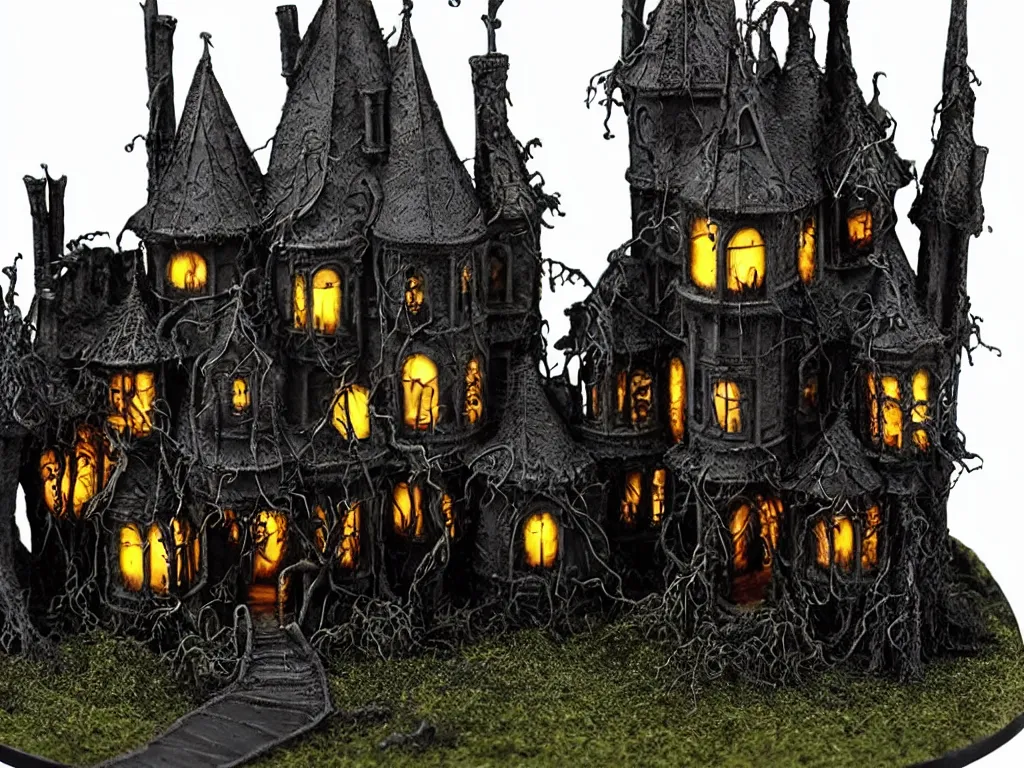 Image similar to tim burton elaborate victorian lighted haunted house, practical effects miniature model, dark colours, swamp with twisted trees in the background, stormy night with moon