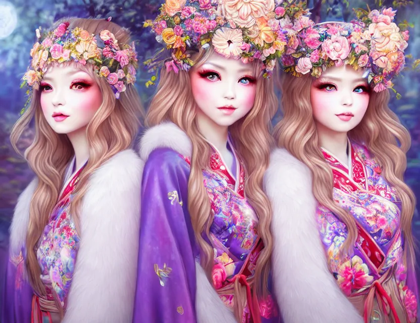 Image similar to two beautiful fashion siberian girls wear fantasy kimono in festival | | big eyes, sunny, dreamlike art, realistic shaded, smile, good looking, hyper details, 4 k realistic, cryengine, realistic shaded lighting poster by artgerm, ross tran, fuji choko, loish, 8 k resolution, trending on artstation, luxury