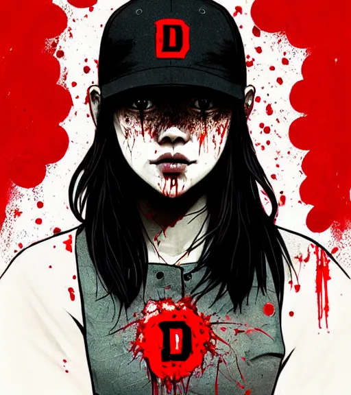 Prompt: symmetry ( badass clementine from the walking dead wearing her iconic baseball ( letter d ) hat ) blood splatter, ultra detailed, intricate, anime, dynamic lighting, digital art, digital painting, art station, wlop, sharp focus, illustration, art by artgerm and greg rutkowski and alphonse mucha