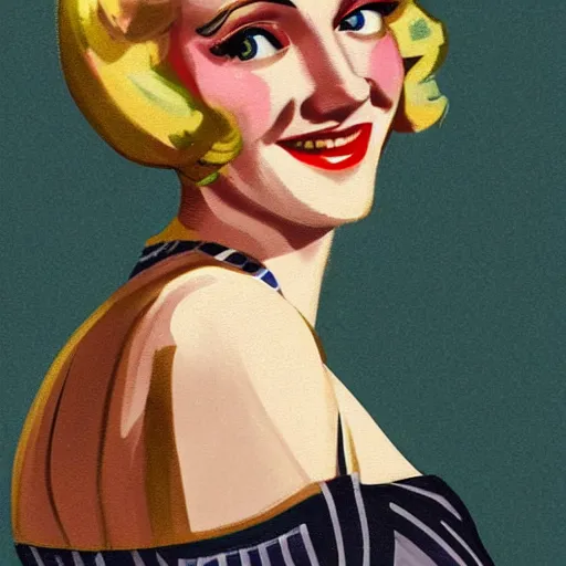 Image similar to smiling, happy, beautiful, intelligent, powerful, 1 9 2 0 s, blonde housewife, 2 8 years old, loving eyes, fully clothed, wise, beautiful, dramatic lighting, sharp focus, by stanley artgerm, dramatic lighting, trending on artstation, flat colour, geometric curves, gradient filter, art deco patterns