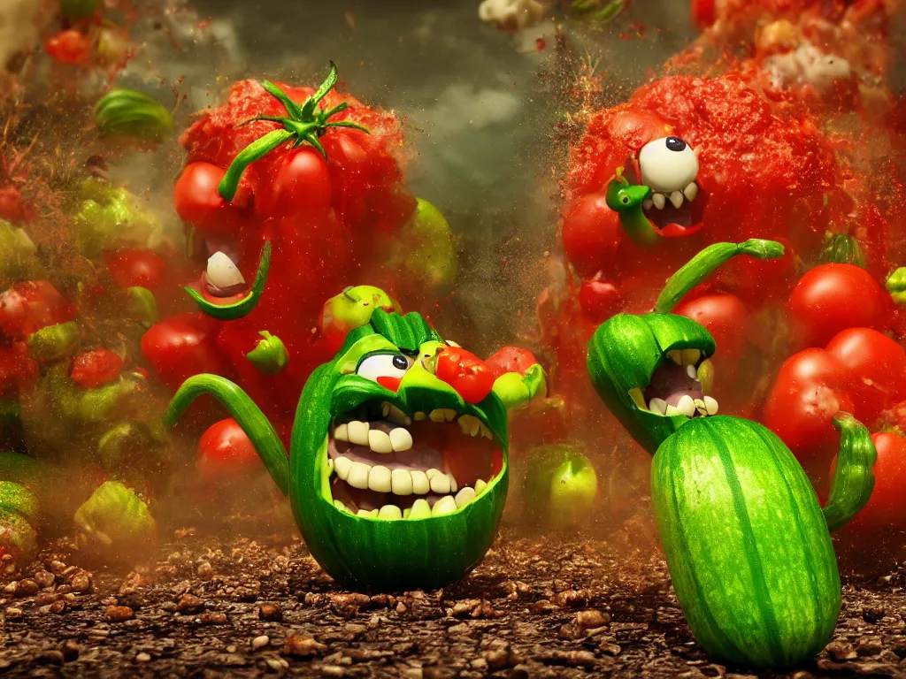 Image similar to highly detailed 3 d render of a raging mad angry zucchini character, dirt road, scared tomates scattered everywhere, high speed action, explosions, dramatic scene, hyper realistic octane render, cinematic lighting, tomato splatter, deviantart, black sky, lowbrow, surrealism, pixar still, mayhem