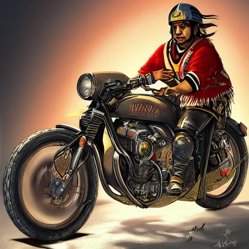 Prompt: Inca Atahualpa riding a motorcycle, detailed, highly detailed, digital paiting, artstation