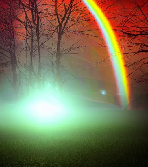 Prompt: night flashlight photography of the symmetric daydreaming of the god of sun glare, fluid dance of the blockchain big cotton sheets in the center of the air, cyberpunk forest, majestic light, octane render, beauty fog, ethereal glare of the sun, raining rainbow, volumetric lighting, hyperealistic, epic, masterpiece