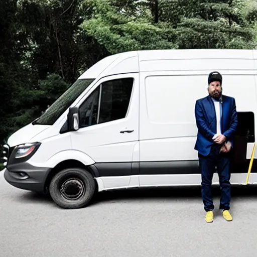 Prompt: a frowning creative director in front of a sprinter van