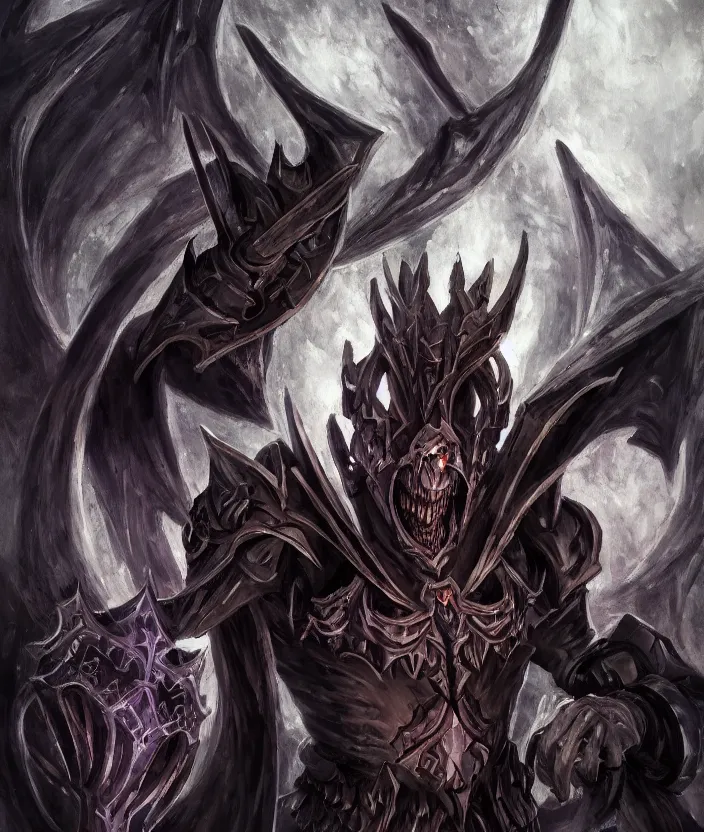 Image similar to overlord anime ainz ooal gown wears daedric armor and casts the ultimate spell, oil painting!!!, runes, overlord!!!, magic, dark, gloomy, portrait, character portrait, concept art, symmetrical, 4 k, macro detail, realistic shadows, bloom, cosplay, anime, dviant art