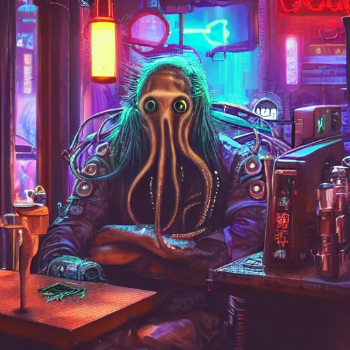 Image similar to a high quality portrait of octopus Davy Jones in a cyberpunk cyberpunk cyberpunk cafe, realism, 8k, award winning photo