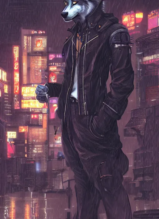 Image similar to character portrait of a male anthro wolf fursona with a tail and a cute beautiful attractive detailed furry face wearing stylish cyberpunk clothes in a cyberpunk city at night while it rains. hidari, color page, tankoban, 4K, tone mapping, Akihiko Yoshida.