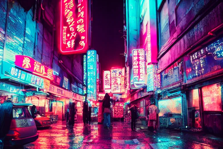 a city street filled with lots of neon signs, | Stable Diffusion