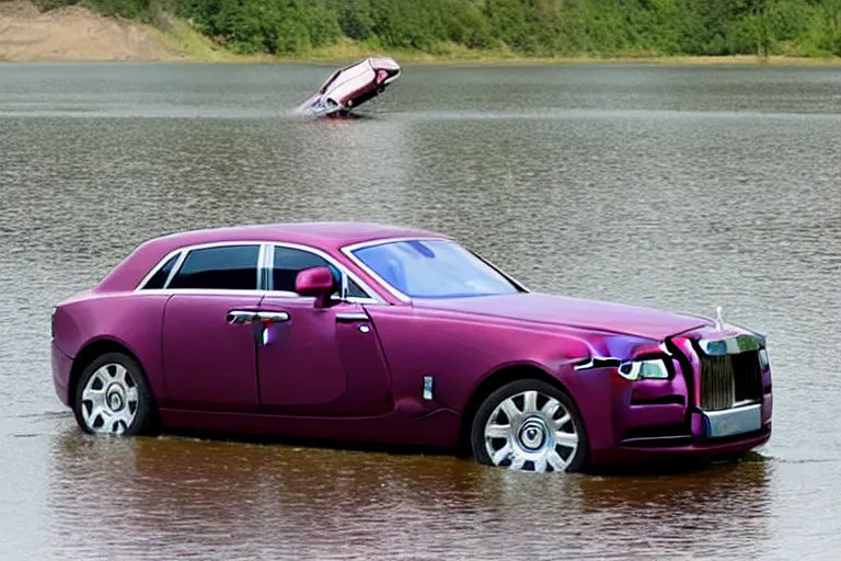 Image similar to Teenagers push Rolls-Royce into lake with their hands from a small slide wanting to drown him