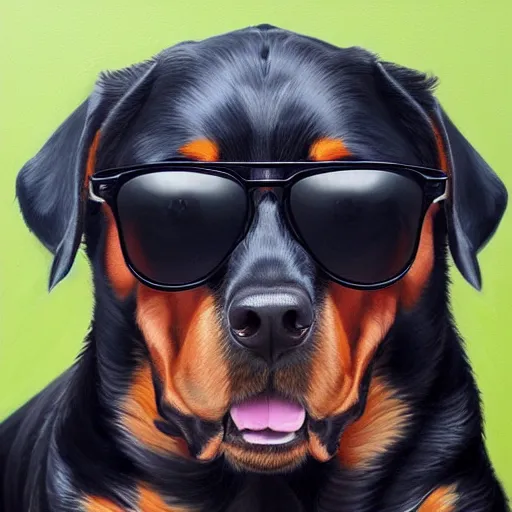 Image similar to rottweiler wearing shades, oil painting, artgerm, portrait, highly detailed, artstation