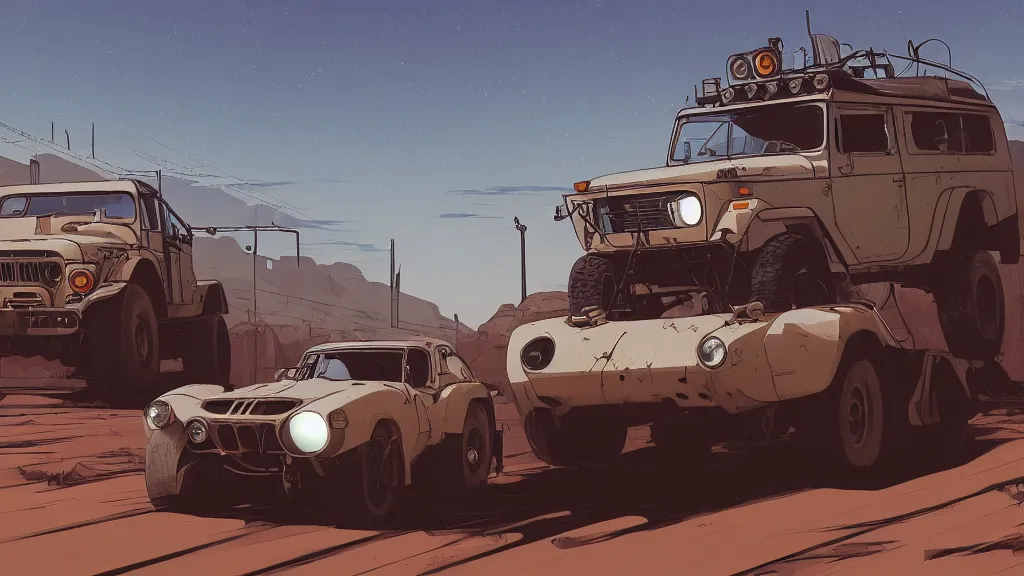 Image similar to digital illustration of mad max's fj 4 0 pursuit special, the last v 8 interceptor driving down a deserted cyberpunk highway in the middle of the day by studio ghibli, anime style year 2 0 9 3, by makoto shinkai, ilya kuvshinov, lois van baarle, rossdraws, basquiat