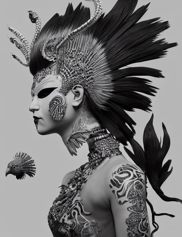 Image similar to 3 d goddess close - up profile portrait punk with mohawk with ram skull. beautiful intricately detailed japanese crow kitsune mask and clasical japanese kimono. betta fish, jellyfish phoenix, bio luminescent, plasma, ice, water, wind, creature, artwork by tooth wu and wlop and beeple and greg rutkowski