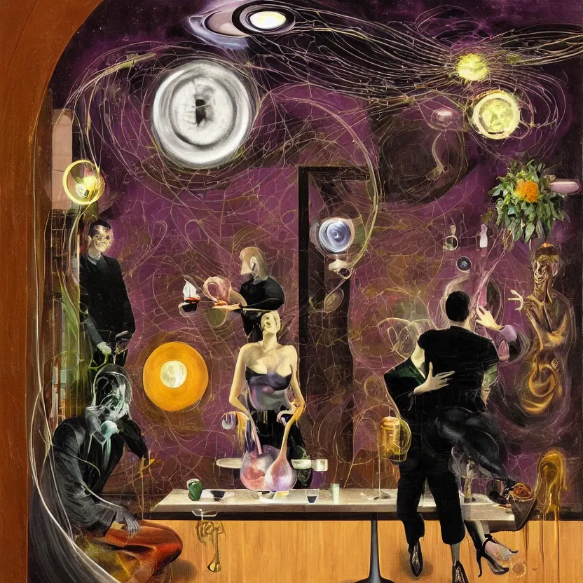 Prompt: Man and woman start to bounce in a caffe, floating dark energy surrounds the middle of the caffe. There is one living room plant to the side of the caffee, surrounded by a background of dark cyber mystic alchemical transmutation heavenless realm, cover artwork by francis bacon and Jenny seville, midnight hour, part by adrian ghenie, part by jeffrey smith, part by josan gonzales, part by norman rockwell, part by phil hale, part by kim dorland, artstation, highly detailed