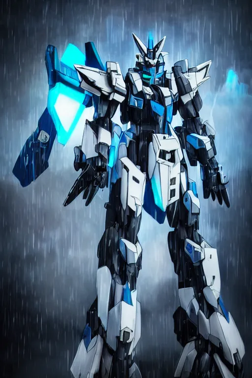 Image similar to Azure Wolf wolf GUNDAM on a futuristic cyberpunk city under heavy rain, cinematic lighting, Lightning arc plasma, symmetric full body azure GUNDAM mecha, GUNDAM wing style armor, GUNDAM armor, samurai armor, mortar heads, mech suit, full body armor, lamellar armor, exoskeleton, post processing, ultra detailed, trending on artstation