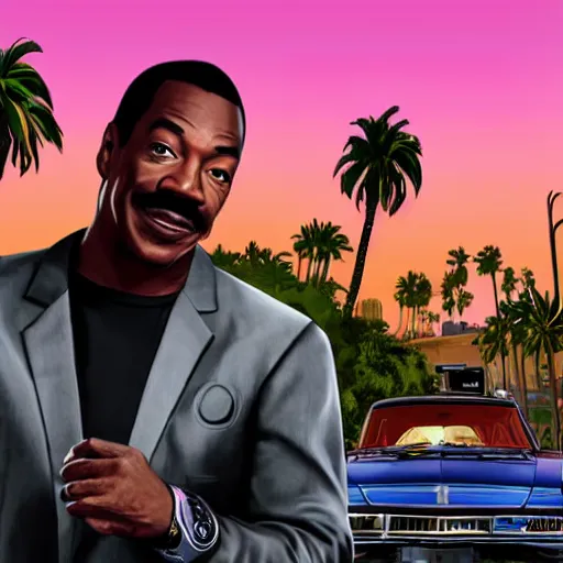 Image similar to Eddie Murphy in GTA V. Los Santos in the background, palm trees. In the art style of Stephen Bliss