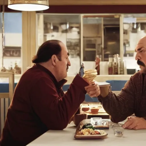 Prompt: tony soprano and walter white eating at a diner together, photorealistic, alone in the diner, hyperrealistic, 8 k, ultra hd, true to life