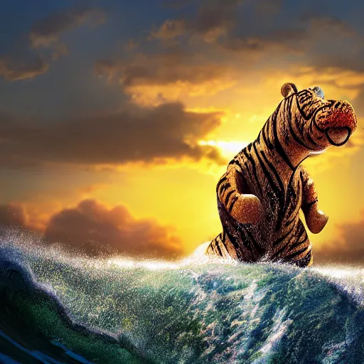 Image similar to a closeup photorealistic photograph of a cute smiling knitted tiger hippopotamus riding a large wave at sunset. surf in the background. professional capture. brightly lit scene. this 4 k hd image is trending on artstation, featured on behance, well - rendered, extra crisp, features intricate detail, epic composition and the style of unreal engine.