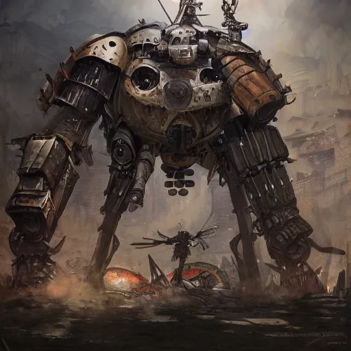 Prompt: portrait concept painting of a rampaging ashigaru mecha war construct, destroying a small village fantasy painting, dungeons and dragons, magic the gathering art, of bamboo, laquer and steel, steampunk - inspired by brian froud and greg rutkowski and jessica rossier