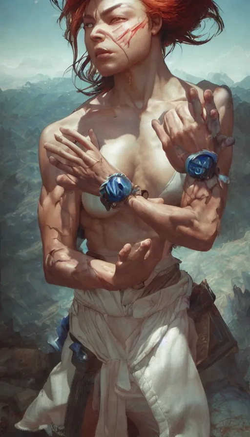 Image similar to epic masterpiece street fighter, sweaty skin, hyperrealistic, octane render, cinematic, beautiful face and flawless skin, perfect hands, 5 fingers, by Edgar Maxence and Ross Tran and Michael Whelan, Legends of Runeterra