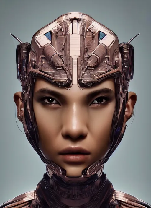 Image similar to beautiful portrait of an alien cyborg, style of Feng Zhu, Artstation geometric, aesthetic, smooth skin, unique features, symmetrical, intricate crown, high fashion, streetwear, cyberpunk, detailed, octane render, cinematic, 8k, purple skin, brown skin