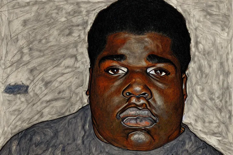 Image similar to a mug shot style portrait of biggie smalls by egon schiele, masterpiece, hyperdetailed, complex, intricate, 4 k, trending on artstation