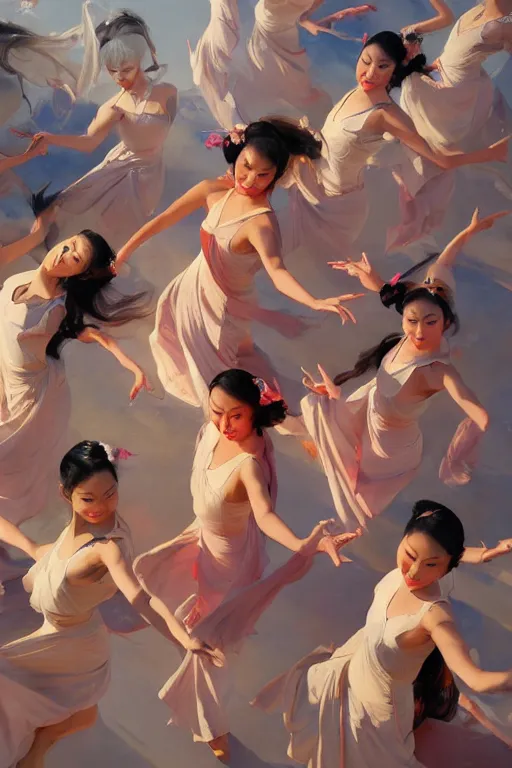 Prompt: greg manchess top angle shot of group of asian females dancing, organic painting, sunny day, matte painting, bold shapes, hard edges, street art, trending on artstation, by huang guangjian and ail elvgren and sachin teng, 8 k, high detail, fantasy art, dnd, artstation,