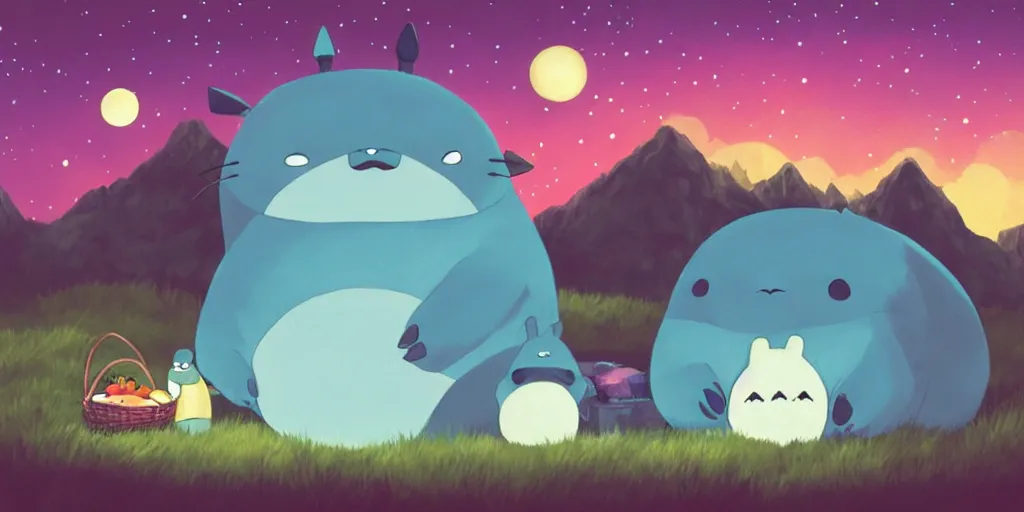 Image similar to glowing snorlax and totoro doing a picnic, mountain landscape, night sky, digital art, digital painting, celestial, majestic, colorful