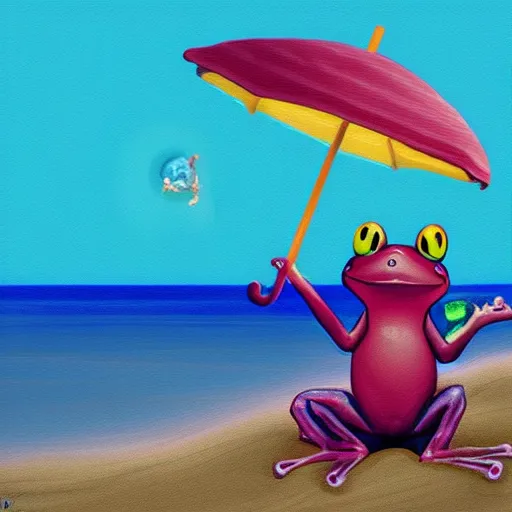 Prompt: frog on the beach with an umbrella next to him, watching a beautiful sunrise, digital art, highly detailed