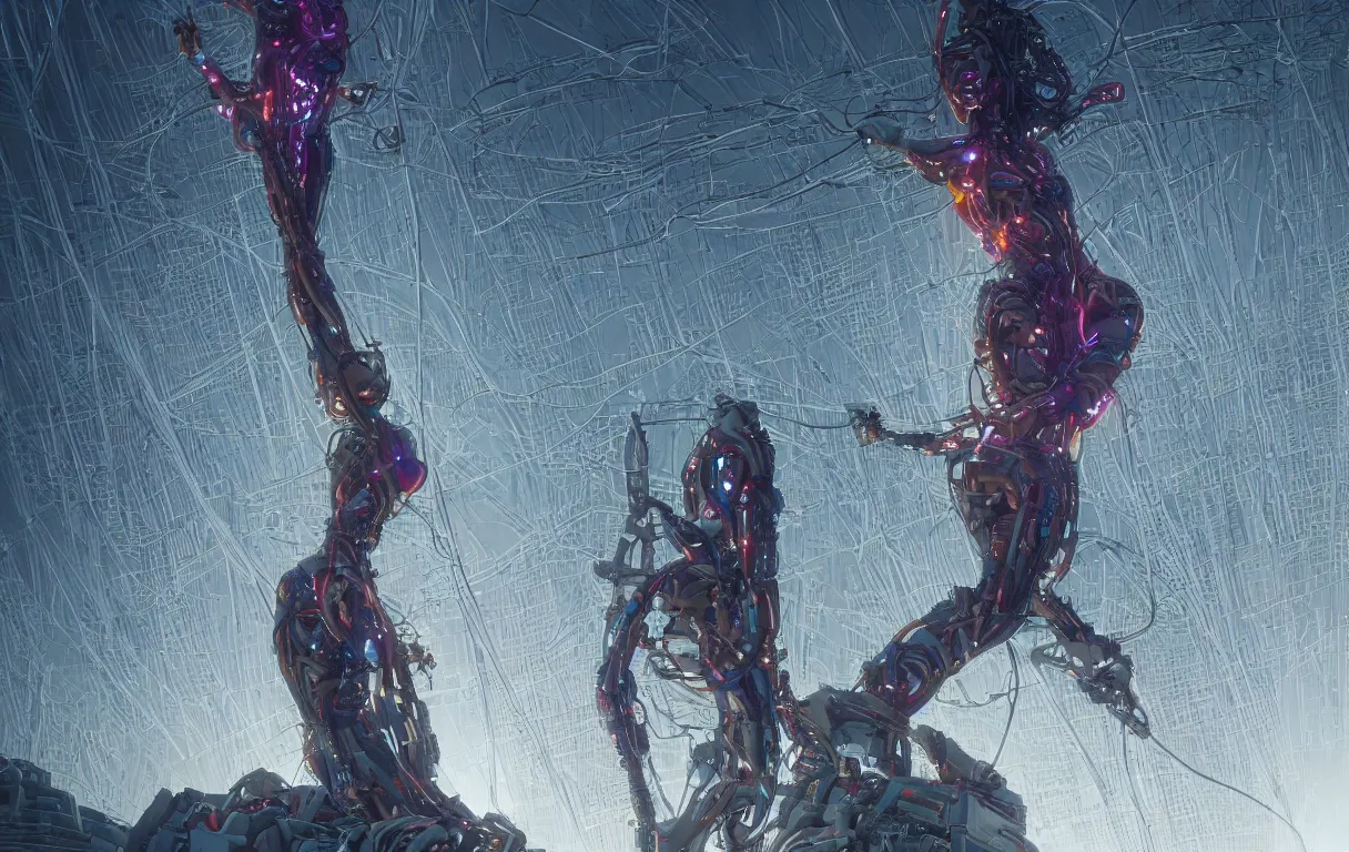 Image similar to award winning portrait of a crucified gargantuan female biomorphic cyborg goddess queen in the style of death stranding, neon genesis evangelion, with intricate energy core connecting to a futuristic downtown city, mightnight by artgerm, jean moebius giraud, yoshitaka amano, beeple, greg rutkowski. octane render.