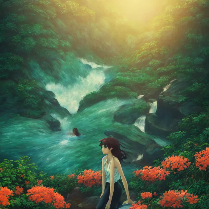 Image similar to an epic makoto shinkai and renoir landscape with a hawaiian waterfall, golden hour, 🌺, a beautiful woman with long brown hair, ultra smooth, octane render, lois van baarle, ilya kuvshinov