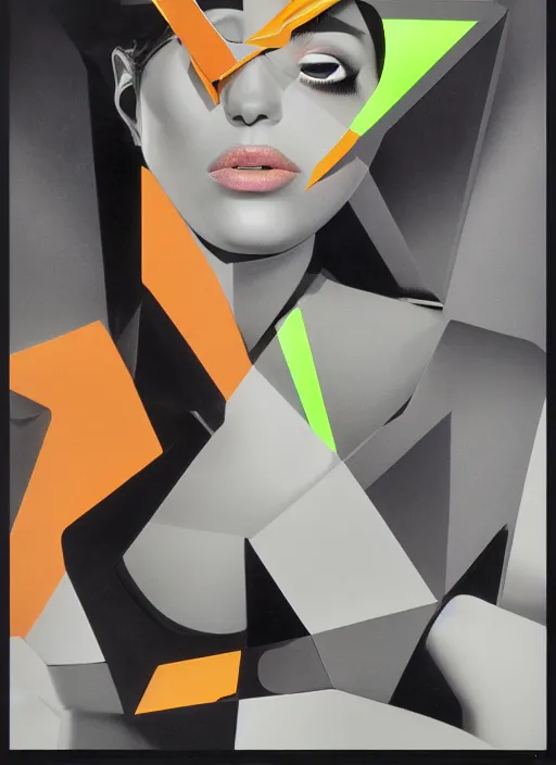 Image similar to futuristic fine lasers tracing, data visualization, cyberpunk bodysuit, tesseract, laserpunk, blindfold pyramid visor, rain, wet, oiled, sweat, girl pinup, by steven meisel, james jean and rolf armstrong, geometric cubist perfect geometry abstract acrylic and hyperrealism photorealistic airbrush collage painting with monochrome and neon fluorescent colors, 1 9 8 0 s eros