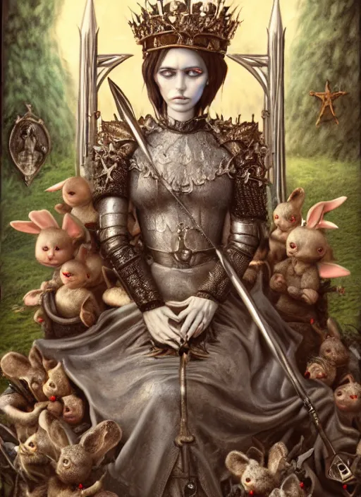 Image similar to highly detailed closeup portrait of a goth fairytale joan of arc wearing a crown and sitting on a throne, surrounded by cutr bunnies, unreal engine, nicoletta ceccoli, mark ryden, earl norem, lostfish, global illumination, god rays, detailed and intricate environment