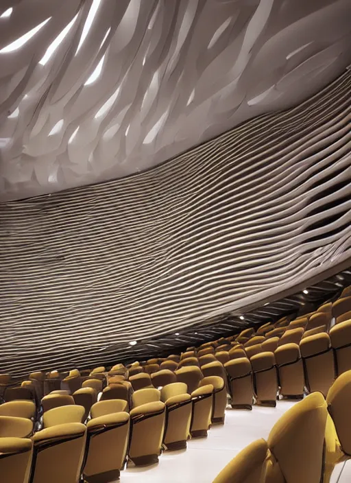 Prompt: large auditorium filled with lots of seats, an abstract sculpture by zaha hadid, featured on cgsociety, light and space, biomorphic, imax, intricate patterns