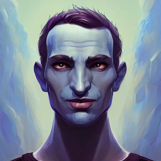 Prompt: head-on painted portrait, a blue-skinned man in his twenties as a D&D wizard, fantasy, intricate, elegant, highly detailed, digital painting, smooth, sharp focus, illustration, artstation, in the style of Artgerm and Anna Podedworna and Charlie Bowater