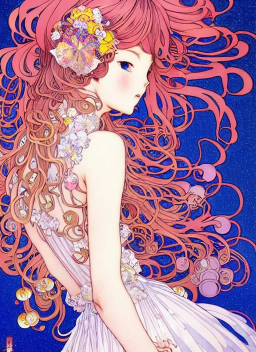 Image similar to exquisite imaginative manga poster of a fairy princess, long wavy hair, rococo ruffles dress, shimmering, by shigenori soejima, minaba hideo, katsuhiro otomo, alphonse mucha, jump comics, illustration, artstation, highly detailed, 8 k, fluorescent, fluorescent, maximalist