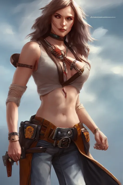 Image similar to full body, female cowgirl, perfect face, white blouse, empty gun holster, 8 k, magic the gathering, desert, d & d, artstation, high detail, smooth, muscular