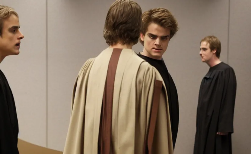 Prompt: anakin skywalker played by hayden christensen in jedi robes talking to a lawyer saul goodman suit in court, us court, better call saul scene 1 0 8 0 p, court session images, realistic faces