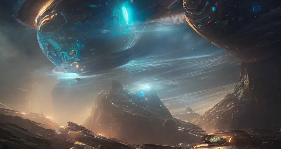 Prompt: The Futuristic Faberge Egg Space Ark by Greg Rutkowski, giant robot titans, magical glow, inspired by Stephan Martiniere and O'Neill Cylinder, fantasy, digital art, professional illustration, realistic, ultra detailed, atmospheric, cinematic lighting, movie concept art, hyper detailed, insanely detailed, corona render, octane render, colorful redshift render, 8k