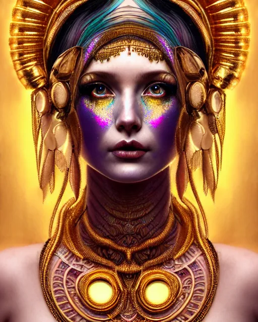 Image similar to hyperrealistic detailed portrait of a beautiful goddess in an iridescent - gold ornamental headdress, intricate cyberpunk make - up, golden face tattoos, art by android jones, john william godward, nekro borja, gothic - cyberpunk, beautiful deep colours,