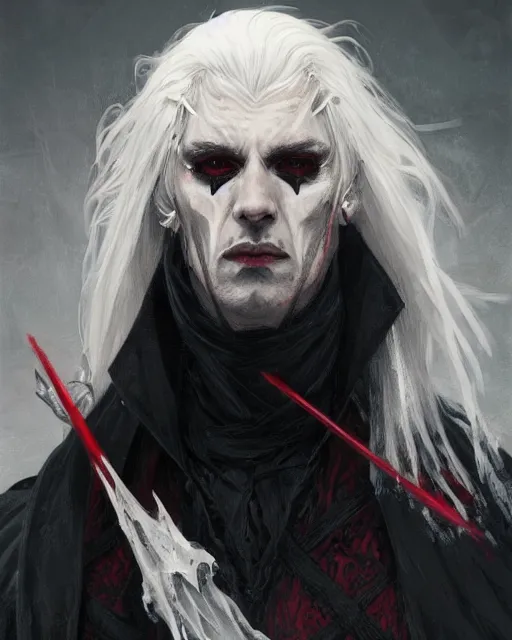 Image similar to '' Portrait of a blood warlock with white hair, dark theme, white long hair, fangs, bone wings,dark cape, dark eyes, dark red background, high detail, 4k , digital painting, artstation, concept art, sharp focus, illustration, art by greg rutkowski and alphonse mucha ''